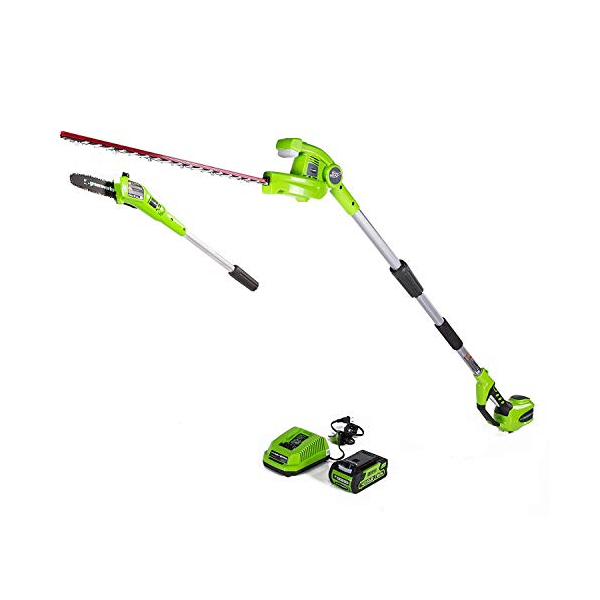 Greenworks 40V 8-Inch Cordless Pole Saw with Hedge Trimmer, Ah Battery.